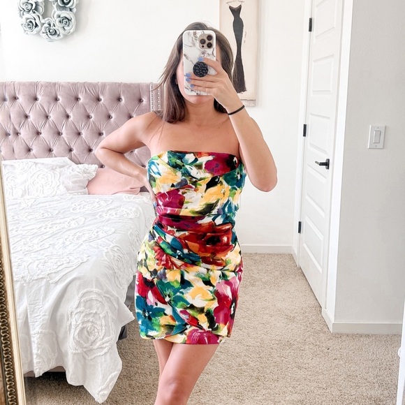 Speechless Floral Watercolor Print Strapless Cocktail Mini Dress Size XS Ruched - Picture 1 of 5